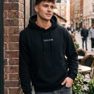 Minimalistisk FUSION-typografi svart hoodie | Mode