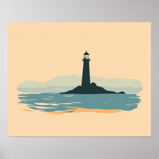 Minimalistisk fyr Siluett Kustnära solnedgång Poster
