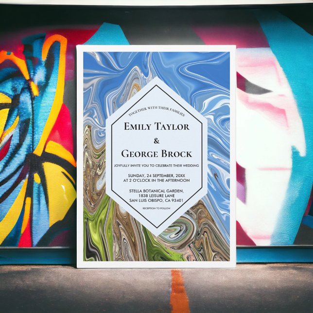 Minimalistisk geometrisk blågrön jordton bröllop inbjudningar (Skapare uppladdad)