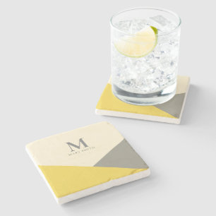 Minimalistisk geometrisk Gult och Grått-monogram Stenunderlägg