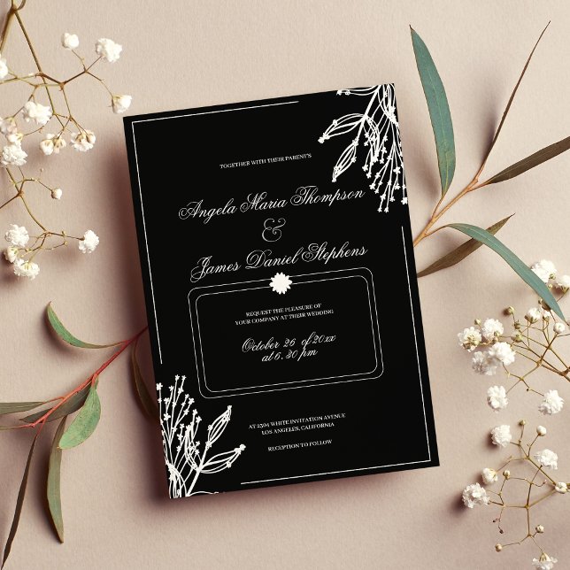 Minimalistisk geometrisk svartvit blommigt-bäddnin inbjudningar (Minimalist geometric black white floral weddding invitation )