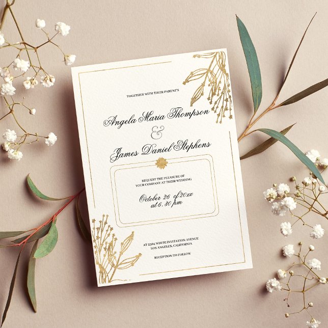 Minimalistisk geometrisk vit guld blomstermålning inbjudningar (Minimalist geometric white gold floral weddding)