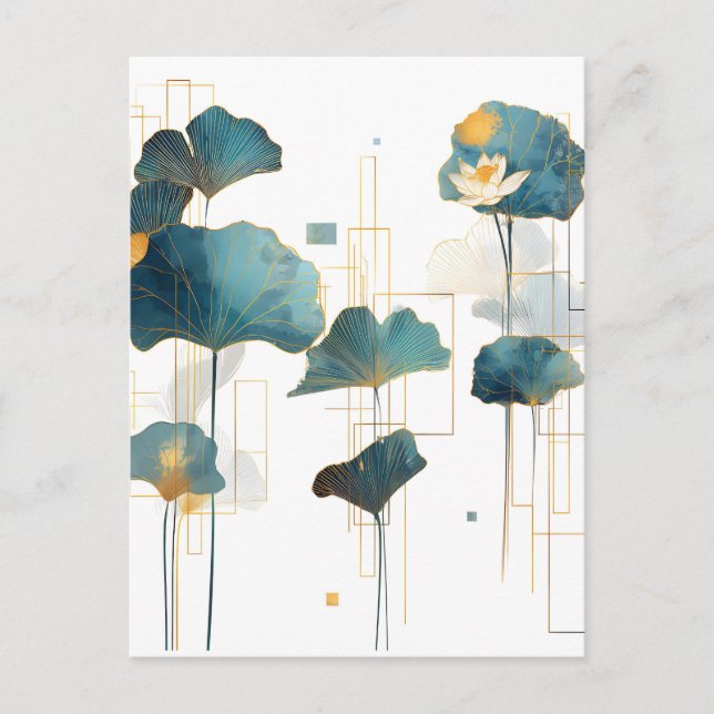 Minimalistisk Ginkgo Lotus Zen Line Helg Vykort (Framsida)