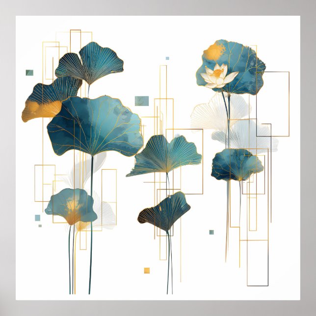Minimalistisk Ginkgo Lotus Zen Line Poster (Framsidan)