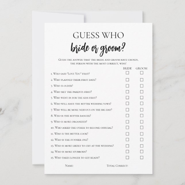 Minimalistisk gissning: Vem- eller Groom-spelkort Inbjudningar (Framsida)