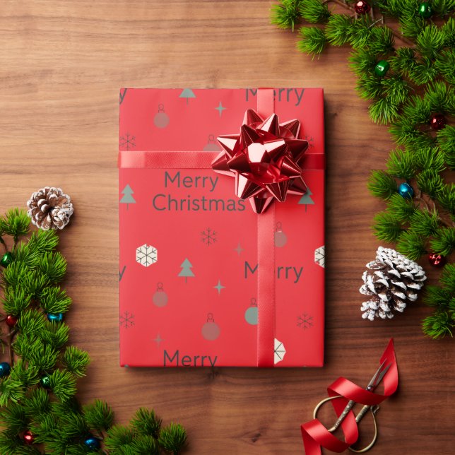 Minimalistisk Glad jul-träd på röd bakgrund  Presentpapper (Julgåva)
