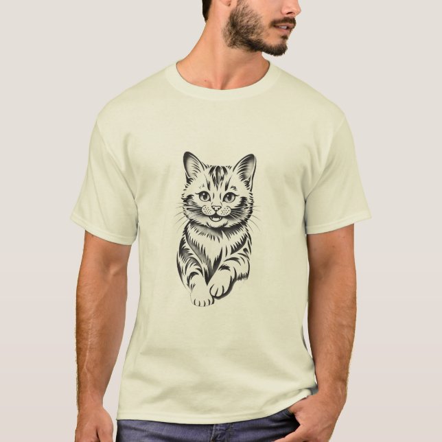 Minimalistisk Glad Katt Enkel Linje Konst T Shirt (Framsida)