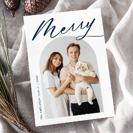 Minimalistisk Glad Navy Script Böjd Foto Julkort