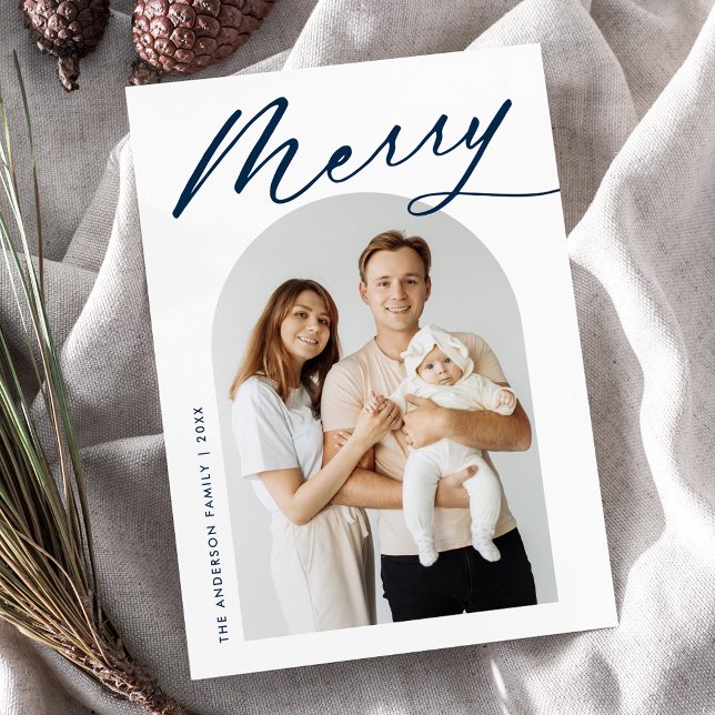 Minimalistisk Glad Navy Script Böjd Foto Julkort (Skapare uppladdad)