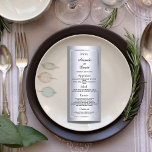 Minimalistisk glam för elegant av bröllop Menu sil Reklamkort<br><div class="desc">Ett elegant-,  minimalistiskt,  glamoröst bröllop- eller bröllop-menykort. Mallar för namn,  datum och bröllop-menyn. En faux silver ram och en chic,  glamorös faux silver metallisk tittar bakgrund. Svart färgad brev. Baksida: Faux silver metallisk tittar bakgrund.</div>