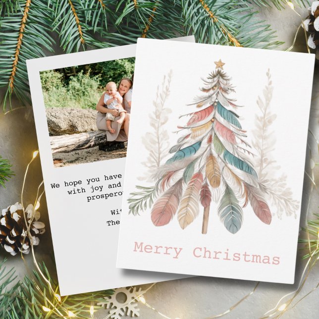 Minimalistisk God jul Boho Träd|Ett foto Anteckningskort (Celebrate the holiday season with our bohemian-style Christmas greeting card. Order yours today!)