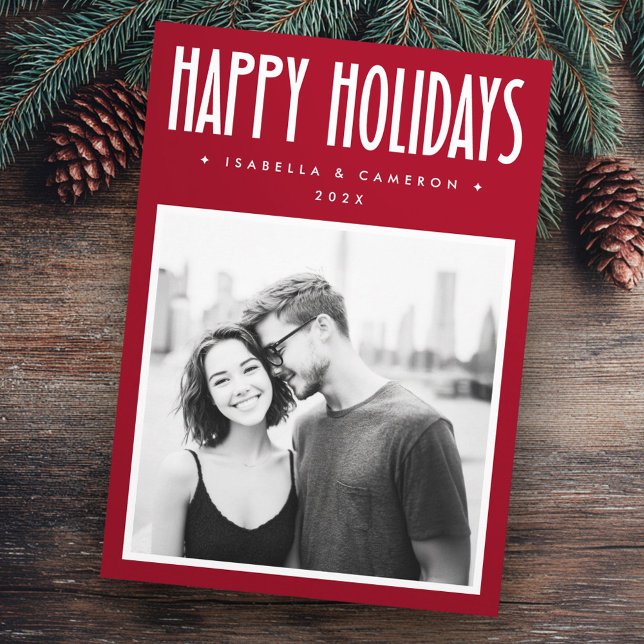 Minimalistisk God Jul röd julfotografi Julkort (Minimalist Happy Holidays red Christmas photo Holiday Card)