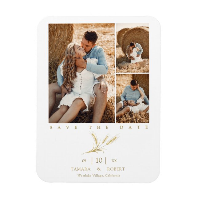 Minimalistisk Golden Wheat 3 Foton Collage Bröllop Magnet (Vertikal)