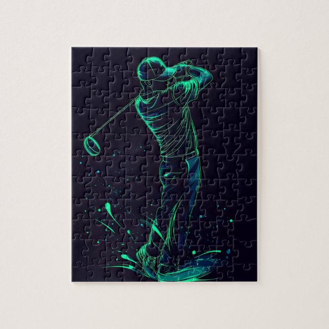 Minimalistisk Golfer Grönt Glow Silhouette Pussel (Vertikal)