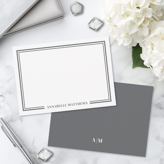 Minimalistisk grå dubbelkantad monogram anteckningskort (Minimalist Gray Two Border Monogram Note Card )