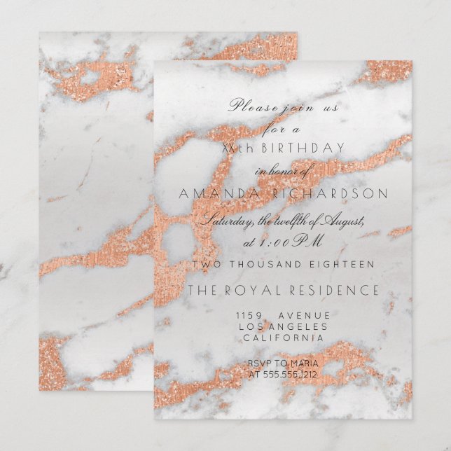 Minimalistisk grå marmor roséguld koppar födelseda inbjudningar (Fram/baksida)