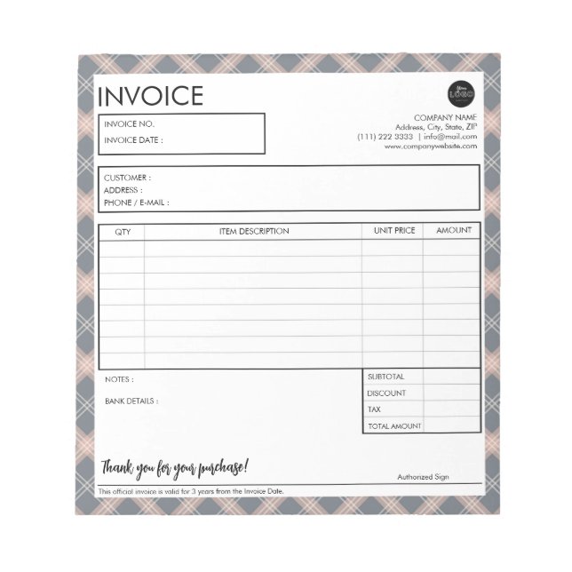 Minimalistisk grå rutig kant fakturamall anteckningsblock (Framsida)