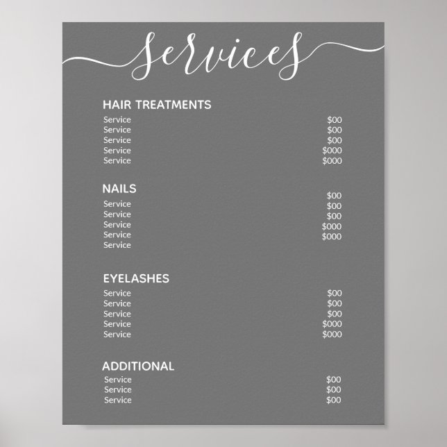 Minimalistisk Grå Salong Prislista Tjänst Meny Poster (Framsidan)