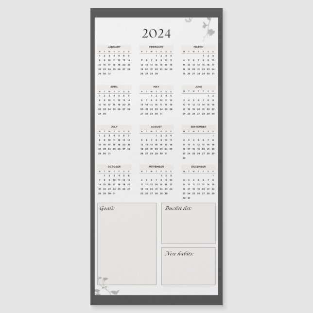 Minimalistisk Grått 2024 Magnet-kalender (Framsida)