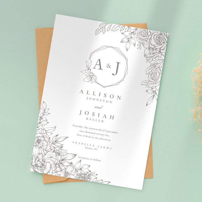 Minimalistisk Grått Blommigt Bröllop Inbjudningar (Skapare uppladdad)