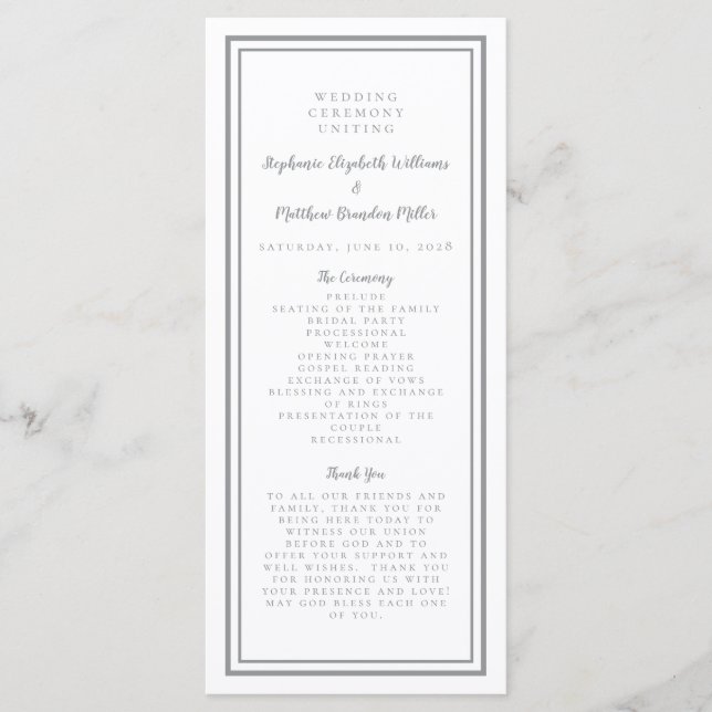 Minimalistisk grått Modern Bröllop Service Ceremon Program (Framsida)