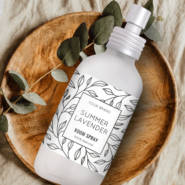 Minimalistisk Greenery Blommigt Room Spray Flaska- Fraktsedel (Modern black and white floral design room spray bottle label)
