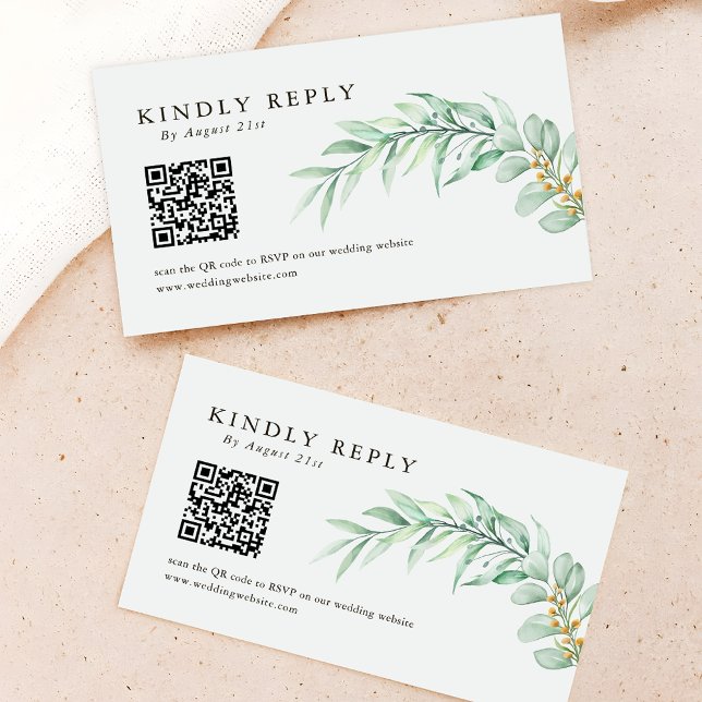Minimalistisk Greenery Foliage QR CODE-Bröllop OSA Anteckningskort (Skapare uppladdad)