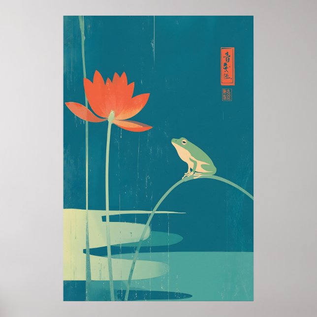 Minimalistisk Groda & Lotus Konsttryck Mörk Teal Z Poster (Framsidan)