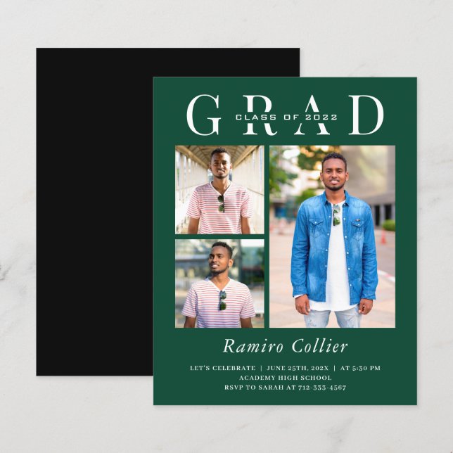 Minimalistisk Grön 3 Foto Examenfirande (Fram/baksida)