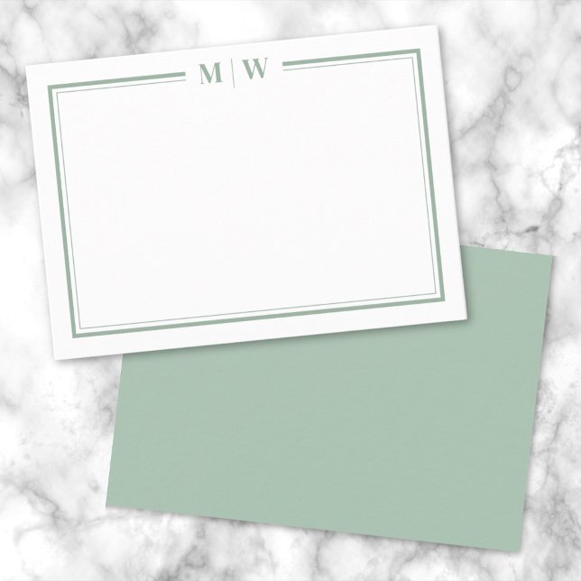 Minimalistisk grön dubbelkant monogram anteckningskort (Minimalist Green Two Border Monogram Note Card)