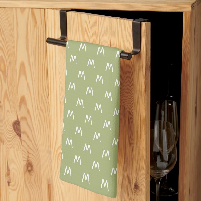Minimalistisk grön och vit monogram kökshandduk (Thirds Fold)