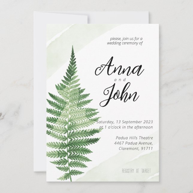 Minimalistisk grön ormbunksbröllopsinbjudan inbjudningar (Framsida)