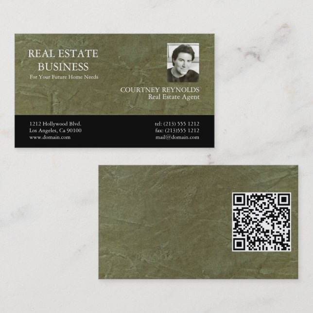 Minimalistisk grön stucco anpassad logotyp QR-kod Visitkort (Fram/baksida)
