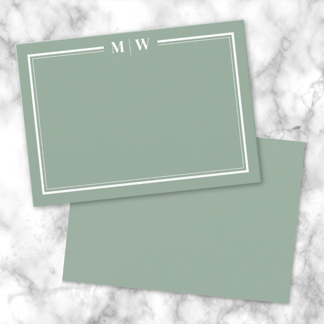 Minimalistisk Grön Två Border Monogramm Anteckningskort (Minimalist Green Two Border Monogram Note Card)