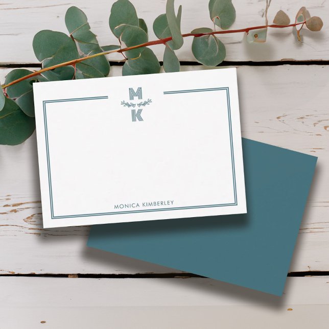 Minimalistisk grön tvåkantig monogram-notkort anteckningskort (Minimalist Green Two Border Monogram Note Card)