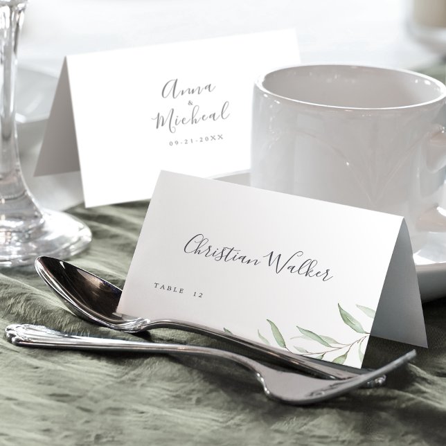Minimalistisk grön växtlighet rustik bröllopskort bordsnummer (Minimal greenery rustic wedding Place Card)