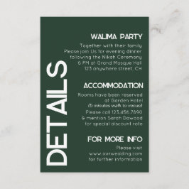 Minimalistisk grön vit typografi Bröllopsdetaljer Tilläggskort