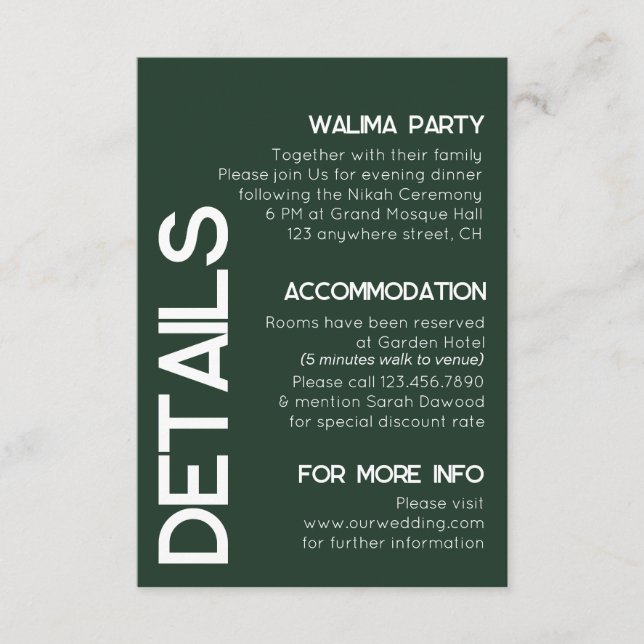 Minimalistisk grön vit typografi Bröllopsdetaljer Tilläggskort (Framsida)