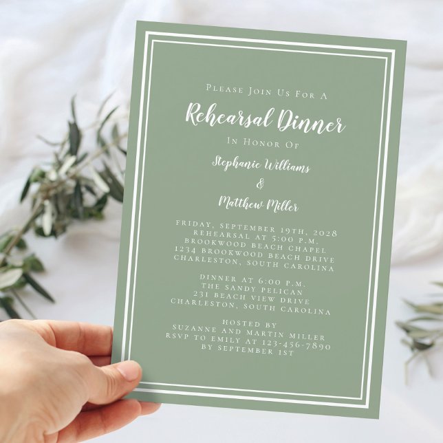 Minimalistisk grön vitfärgad middag inför bröllope inbjudningar (Minimalist Sage Green Wedding Rehearsal Dinner Invitation)