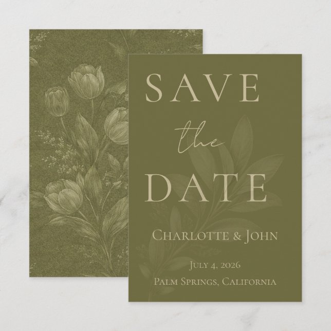 Minimalistisk grönaktig "Save the Date"-kort Spara Datumet (Fram/baksida)