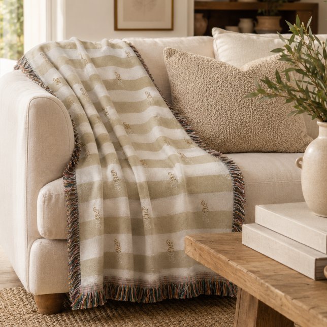 Minimalistisk grönrandig monogram filt (Minimalist Sage Green Striped Monogram Throw Blanket)