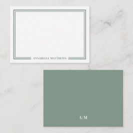 Minimalistisk grönsalvi tvåkantig monogram anteckningskort
