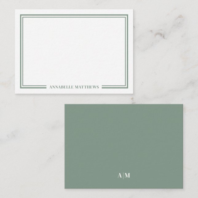 Minimalistisk grönsalvi tvåkantig monogram anteckningskort (Fram/baksida)
