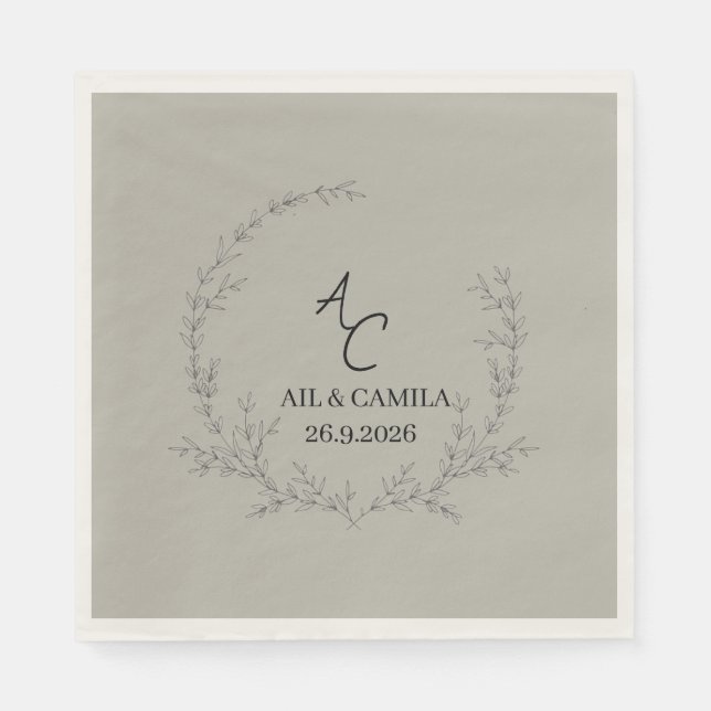 Minimalistisk grönska bladverk manus initial bröll pappersservett (Framsidan)