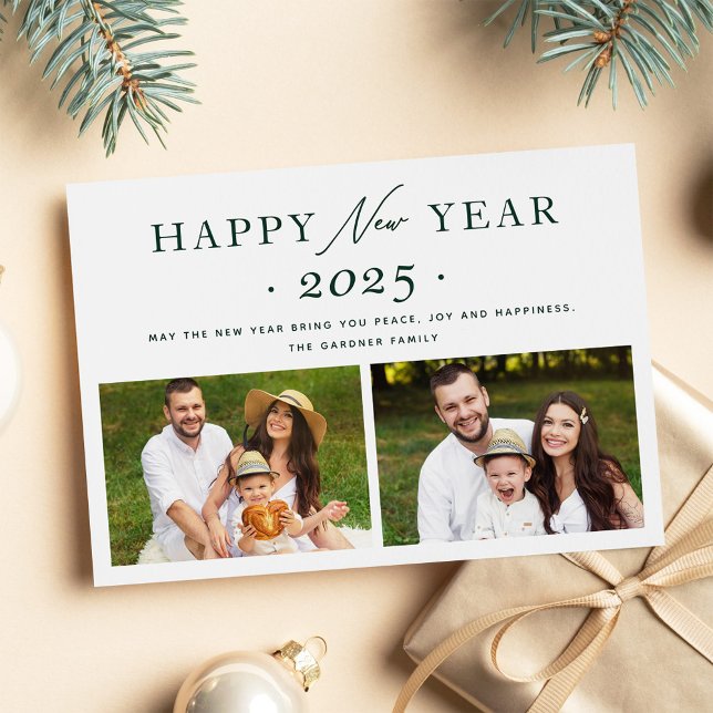Minimalistisk Grönt 2025 Gott nytt år 2-foto Julkort (Skapare uppladdad)