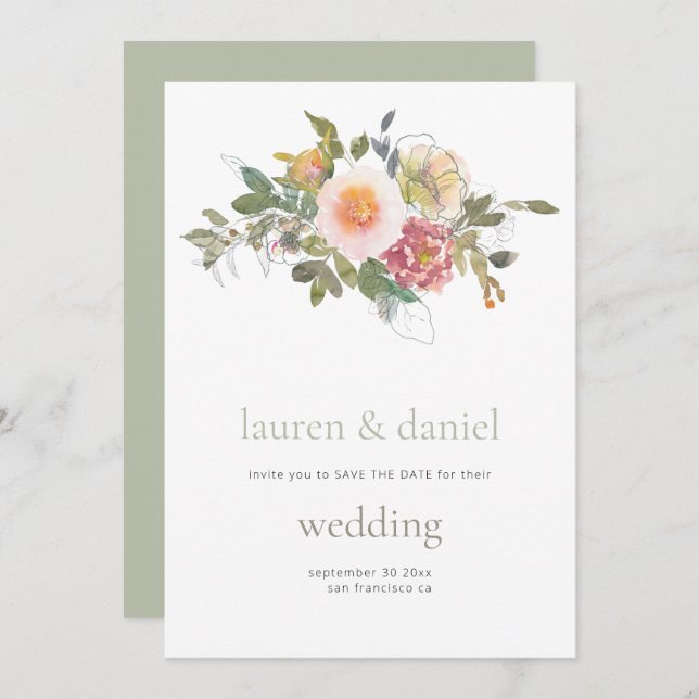 Minimalistisk Grönt Blommigt QR Bröllop Spara Datumet (Fram/baksida)