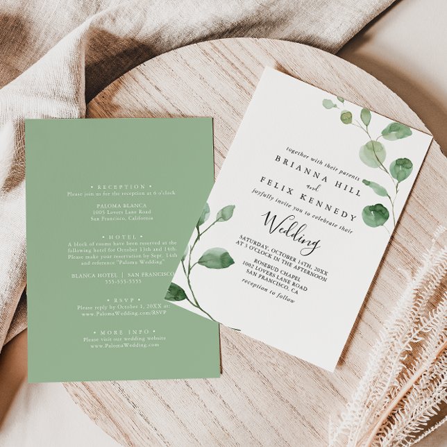 Minimalistisk Grönt Eucalyptus Front & Back Bröllo Inbjudningar (Skapare uppladdad)