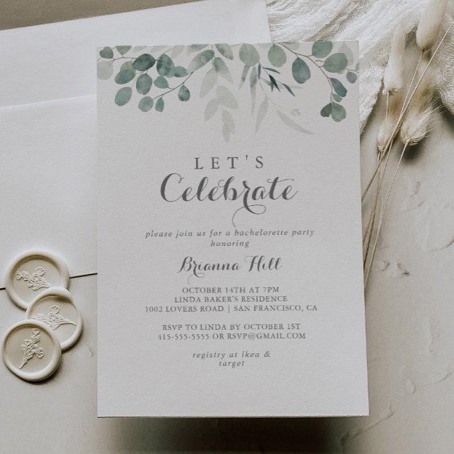 Minimalistisk Grönt Eucalyptus Låt oss Celebrate P Inbjudningar (Skapare uppladdad)