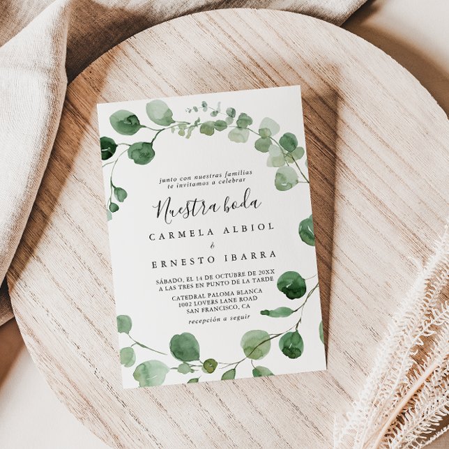 Minimalistisk Grönt Eucalyptus Nuestra Boda Bröllo Inbjudningar (Skapare uppladdad)