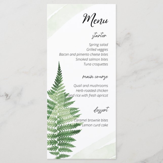 Minimalistisk Grönt Fern Bröllop Menu Meny (Framsida)